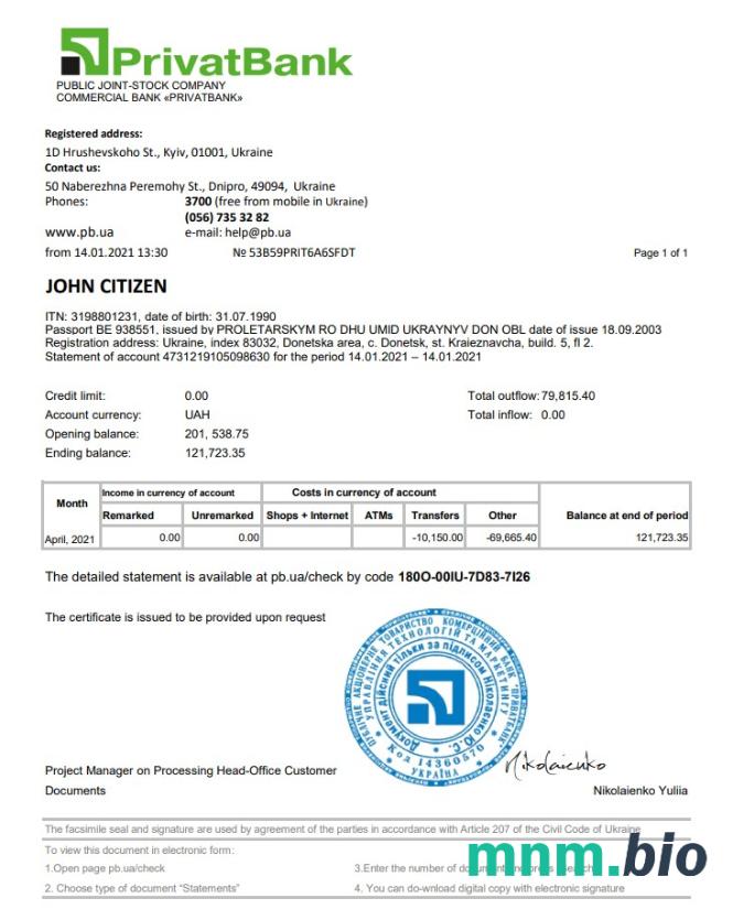 Szablon wyciągu bankowego Ukraine Privatbank w formacie Word i PDF